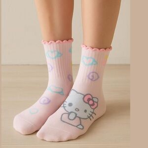 TWO pairs HELLO KITTY socks mid crew socks white pink green shoe size 4-10
